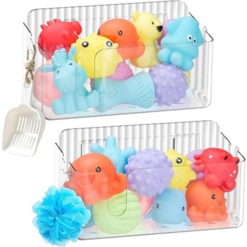 2-Pack Clear Bath Toy Storage Holder Organizer, Large Capacity Durable Plastic Bathtub Shower Caddy with Drain Holes, Quick-Dry Drainable Easy Install (Clear White 2-Pack)