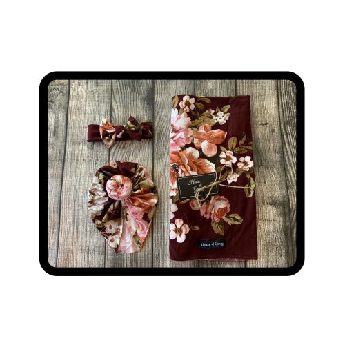 Newborn Pink and Rust Floral on Burgundy Swaddle Set with Turban Hat and Headband