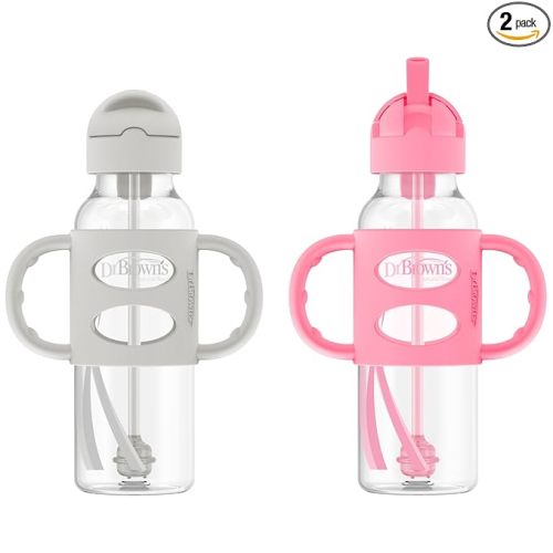 Dr. Brown's Milestones Narrow Sippy Straw Bottle, Spill-Proof with 100% Silicone Handles and Weighted Straw, 8 oz/250 mL, Gray/Pink, 6m+