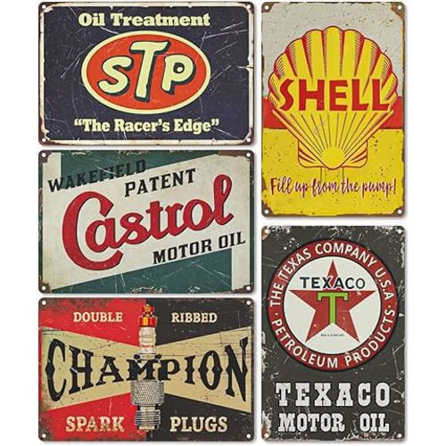 EastLink Vintage Garage Signs Room Decor 5PCS, PVC Made Garage Decor Signs for Men, Duplex Printed Retro Wall Decor, Fade & Bend Resistant Old Car Shop Posters Oil and Gas Station Signs