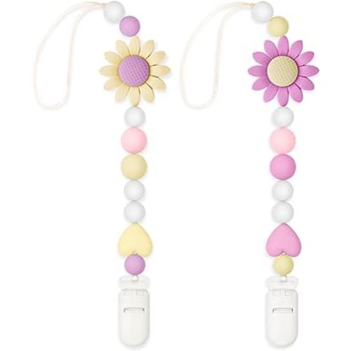 LSTRAGY 2 Pack Silicone Pacifier Clip for Boys and Girls, Features One-Piece Design Pacifier Strap with Clip, Adorable Sunflower Pacifier Holder for Baby Teethers and Toys