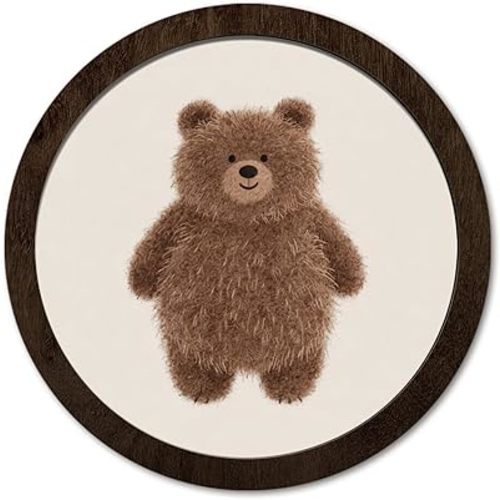 PeakClub Vintage Nursery Decor, Cute Bear Nursery Decor Round Wooden Wall Art, Vintage Bear Wall Art for Baby Kids Girls Boys Bedroom Playroom 10x10 Inch