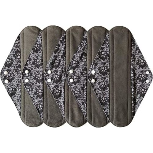 5 Pieces Charcoal Bamboo Mama Cloth/ Menstrual Pads/ Reusable Sanitary Pads (Black lace, Overnight (14 inch))