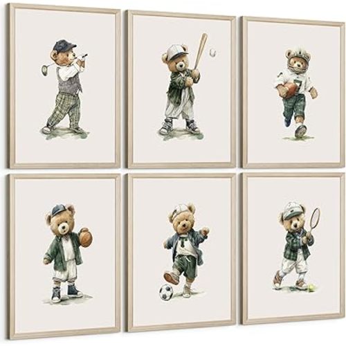 Teddy Bear Nursery Wall Art Sage Green Baby Boy Canvas Wall Decor Vintage Sports Nursery Prints Teddy Bear Pictures Golf Painting Kids Sports Artwork for Toddler Bedroom 8x10 Inch Framed Set of 6