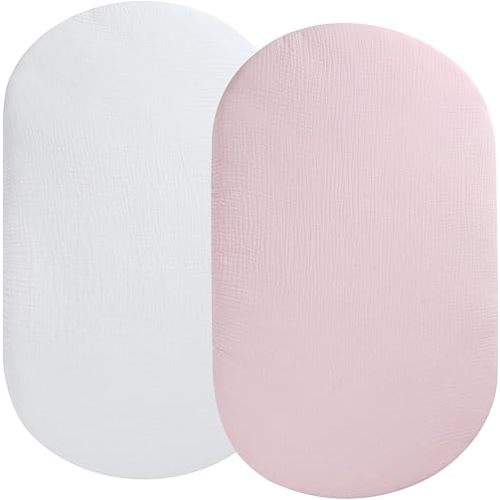 Muslin Bassinet Sheet Compatible with UPPAbaby Bassinet, 2 Pack Cotton Stylish Boho Fitted Bassinet Sheets Super Soft for Baby White & Pink