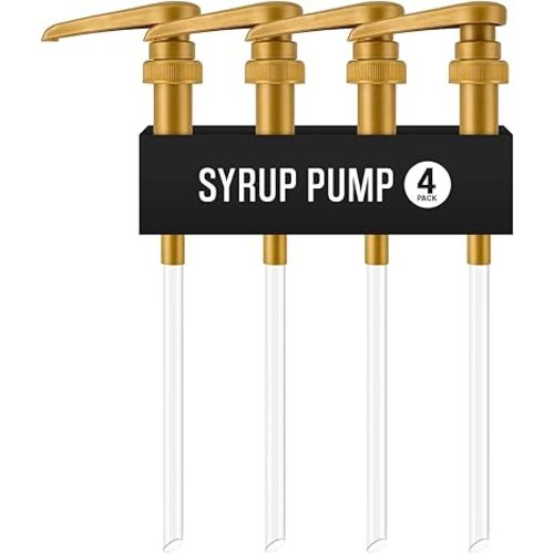 Syrup Pump for Coffee Syrup Bottles – 4-Pack Dispenser Pumps Fits 750ml / 25.4 oz Flavoring Syrup Bottles – Compatible with Torani & More – Gold Coffee Syrup Dispenser Pump for Home & Cafe Use.
