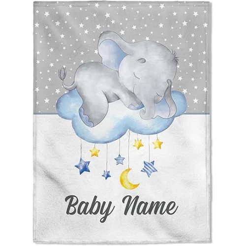 FLOCHIL Personalized Blanket for Boys – Custom Name Blanket, Newborn Elephant Fleece Gift (30x40) (Elephants 6)