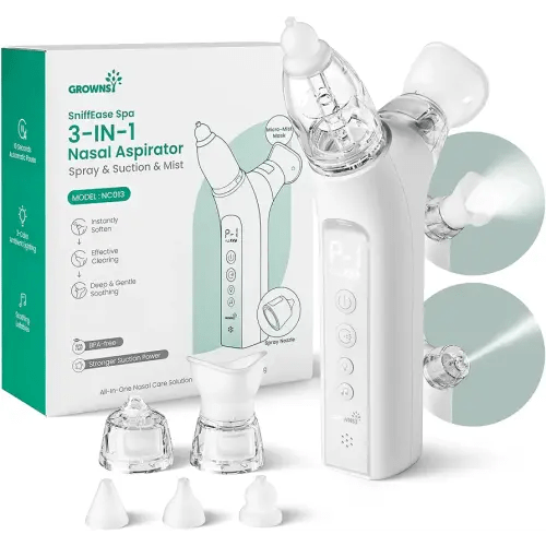GROWNSY SniffEase 3-in-1 Electric Baby Nasal Aspirator Spray, Suction &Mist | Loosens, Clears & Soothes with 3 Levels up to 66 kPa, 8s Auto-Stop, 10 mL Chamber, 3 Soft Tips & 70-Min Runtime : Amazon.co.uk: Baby Products