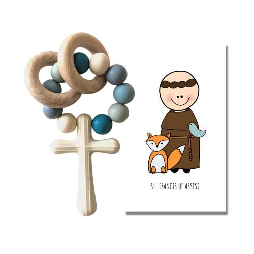 ST. FRANCIS of ASSISI Silicone Rosary | Baby&#39;s First Rosary | Beech Wood Rings