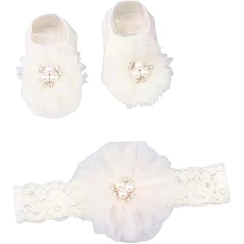 Baby Essentials Headband And Socks Set Headbands For Girls Toddlers Newborn Decorated with Artificial Pearls (White)