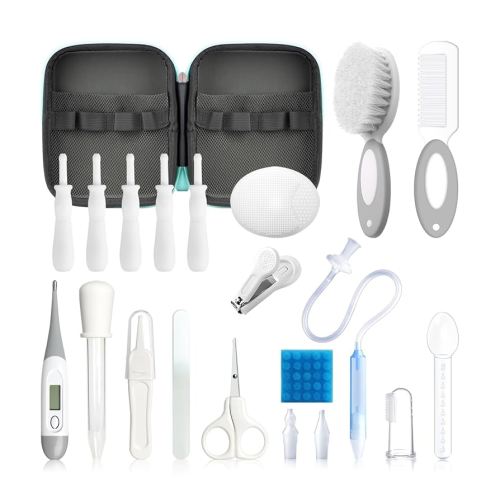 Baby Healthcare and Grooming Kit, 21 in 1 Portable Baby Essentials Kit with Gas Relief Hair Brush Comb Nasal Aspirator for Newborn Boys Girls (Grey White)