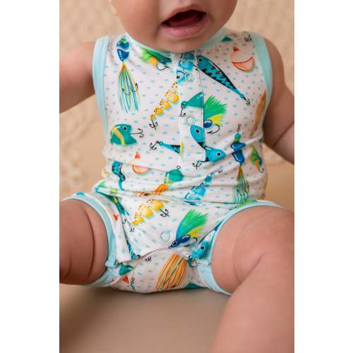 Gone Fishing Shortie Romper | Baby Sleeveless Fishing Romper – Birdie Bean