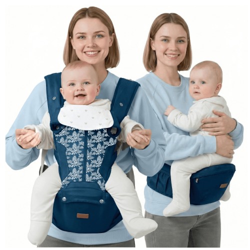 BabbleRoo Grow Baby Carrier – 6-in-1 Ergonomic Hip Seat, Convertible Infant Baby Carrier & Toddler Carrier – Denim Leaves