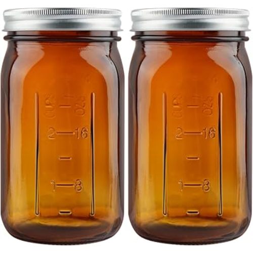 2 Pack Mason Jars 32 oz, Amber Wide Mouth Canning Jars with Airtight Lids, Glass Pint Jars with Bands Labels Brush, Large Storage Quart Jars for Jam Fermenting Preserving