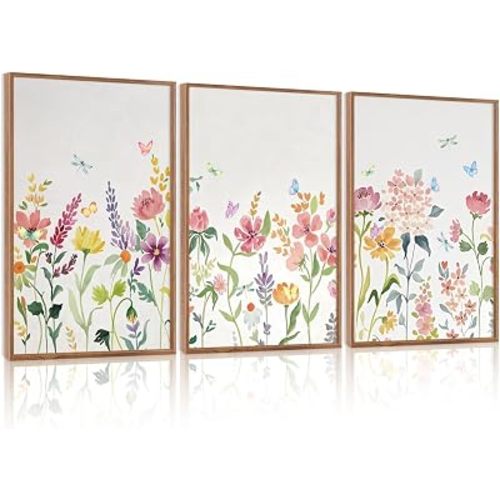 CHDITB Colorful Wildflower Framed Canvas Wall Art Print, Nature Butterfly Poster, Flower Wall Decor, Watercolor Floral Pictures, Botanical Art Prints for Girl Room Living Room Nursery Decor 16"x24"x3