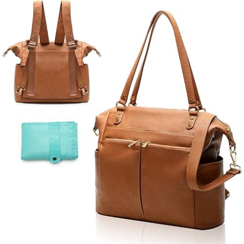 MOMINSIDE Diaper Bag Tote, 4 in 1 Leather Diaper Bag Backpack with 14 Pockets, Convertible Baby Bag for Boys Girls,Diaper Bags Baby Registry, Changing Pad, 4 Large Insulated Pockets(Brown)
