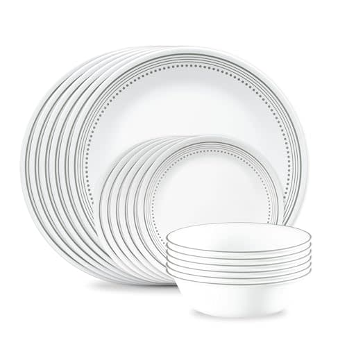 Corelle Vitrelle 18-Piece Service for 6 Dinnerware Set Triple Layer Glass and Chip Resistant, Lightweight Round Plates and Bowls Set, Mystic Gray