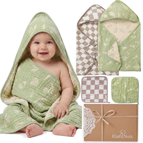 Muslin Baby Towel Set, 4-Piece Newborn Gift with 2 Bath & 2 Washcloths, Baby Shower Ready, Earthy Botanicals Theme 32" X 32"