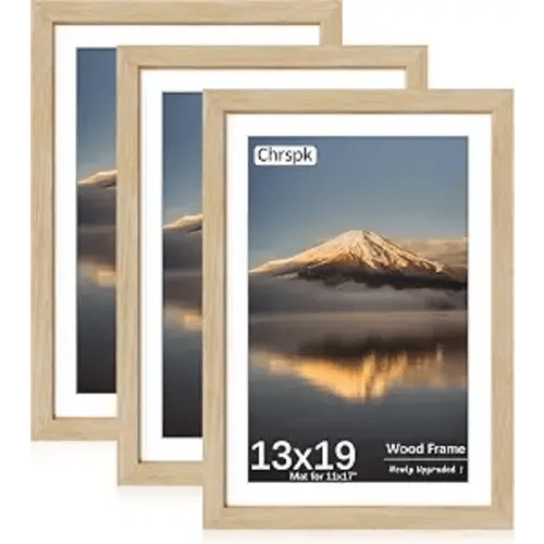 13x19 Poster Frame, Display Pictures 11X17 with Mat or 13x19 Without, Wall Hanging Frames, Natural Oak, 3 Pack