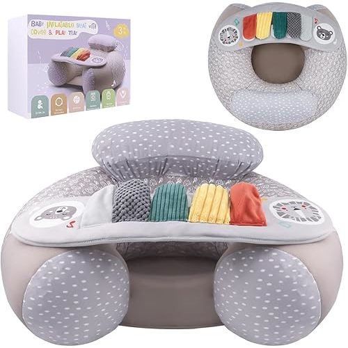 Upgraded Blublu Park Baby Donut Sit Me Up Floor Seat for 3-36 Months, Wider U-Shape Inflatable Baby Seat with Cover, Activity Chair for Sitting up, Sensory Tray Suitable for Development, Piano