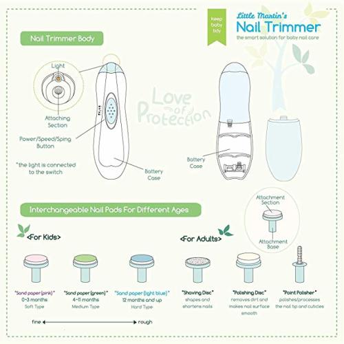 Little Martin’s Drawer Baby Nail Trimmer File with Light - Safe Electric Nail Clippers Kit for Newborn Infant Toddler Kids Toes and Fingernails - Care, Polish and Trim - Battery Operated (AA) - White