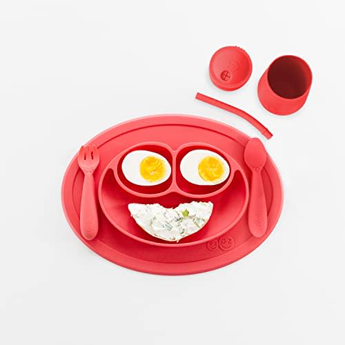 ezpz Mini Collection Set (Coral) - 100% Silicone Cup + Straw, Fork, Spoon & Mini Mat Suction Plate with Built-in Placemat for Infants + Toddlers - First Foods + Self-Feeding - 12 Months+