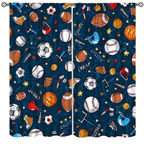 Kids Bedroom Window Curtains, Basketball Soccer Baseball Sports Theme Teenage Boys Home Living Room Blackout Curtains,Decor 42x45 Inch