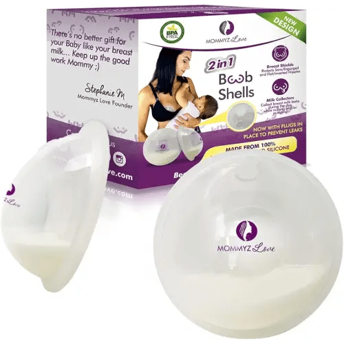 Mommyz Love Breast Shells & Milk Catcher for Breastfeeding New Model with Plugs - Breast Milk Catcher to Relieve Cracked Sore & Engorged Nipples - Breast Shells Milk Collector for Leaking Milk 2 Pack