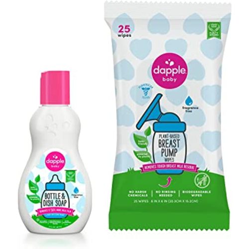 Dapple Travel Bundle Baby Includes Breast Pump Wipes 25ct, Baby Bottle & Dish Liquid 3oz, Fragrance Free, Plant-Based & Hypoallergenic