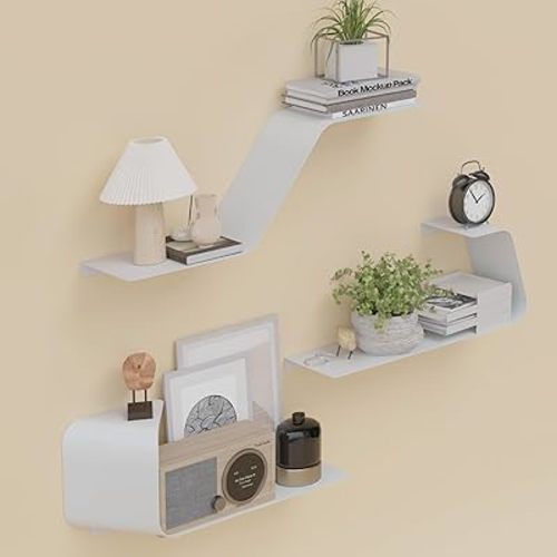 Sttoraboks Floating Shelves - Set of 3 Wall Mounted Metal Shelves with Unique Design for Wall Storage, Book Shelf, Display Shelves for Bathroom, Bedroom, Kitchen, Living Room, White