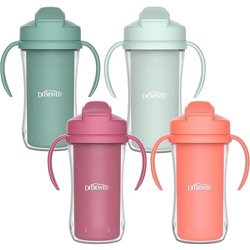 Dr. Brown's Milestones Insulated Sippy Cup with Straw and Handles, Spill-Proof Tumbler with Lid, Pink/Orange/Green/Green, 10 oz/300 mL, 12m+, 4-Pack