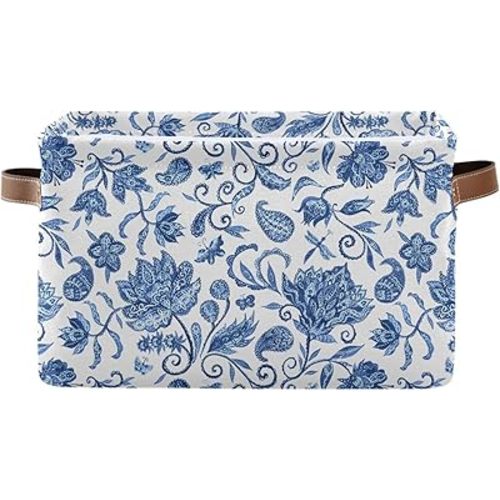 Kigai Storage Basket Blue White Floral Foldable Canvas Laundry Baskets Bin Waterproof Inner Layer with Sturdy Handles for Toy Nursery Blanket Clothes 2 Pack