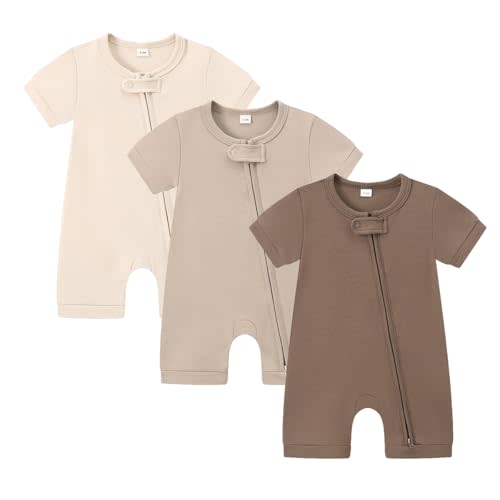 Bafeicao 3 Pack Baby Boy Girl Short Sleeve Rompers | 2 Way Zipper Romper, Soft Cotton, Solid, Unisex, Summer, One Piece Jumpsuits Clothes