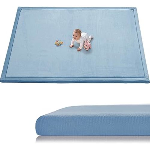Baby Play Mat for Floor, 1.3 Inch Thick Memory Foam Tummy Time Mat with Non Slip Backing, Soft Coral Velvet 59X71 Inch Playpen Mat Crawling Tatami for Infants Toddlers Kids, Midnight Blue