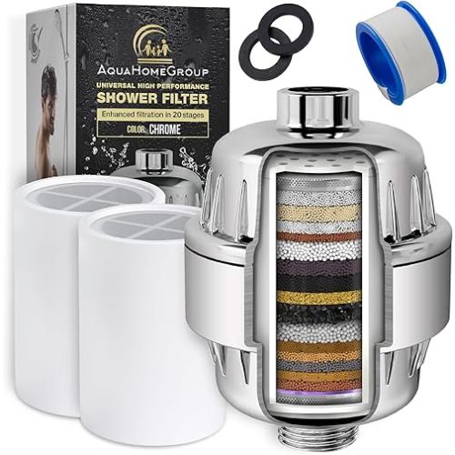 AquaHomeGroup 20 Stage Shower Head Filter with Vitamin C E A - High Output Filter to Reduce Chlorine and Fluoride - 2 Cartridges Included - Consistent Flow Showerhead Filters