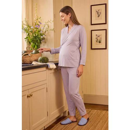 Cotton Wrap Front Long Sleeve Top Wide Leg Pants Maternity Sleepwear