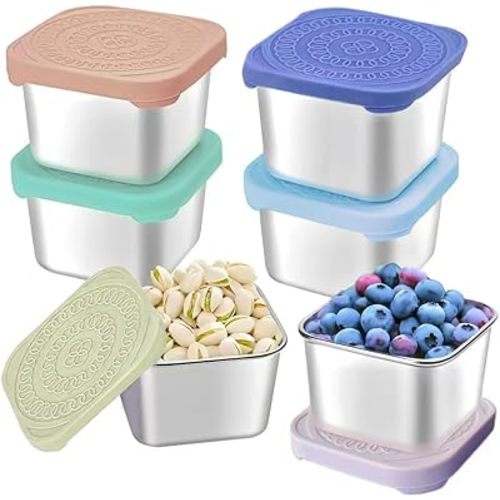 HTEVW 6Pack 6oz Stainless Steel Snack Containers for Kids, Easy Open Leak Proof Metal Toddler Snack Containers with Silicone Lids, Stackable Metal Toddler Lunch Box for School-U.S.Design Patent