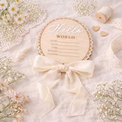 Wooden Baby Name Announcement Plaque | Hello World Sign | Newborn Photoshoot Prop | Wooden Birth Reveal Sign | Baby Keepsake | Ribbon Option