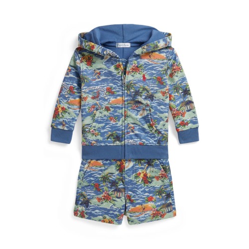 Tropical Print Zip Hoodie & Shorts Set