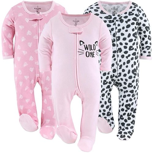 The Peanutshell Footed Baby Sleepers for Girls, Cheetah & Pink Hearts, Newborn to 12 Month Sizes