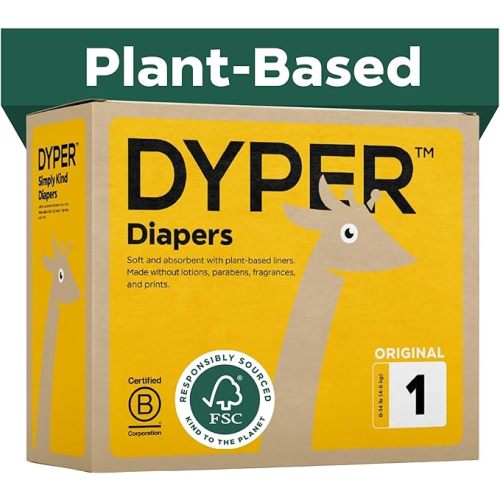 DYPER Baby Diapers Size 1 (216 Count) – Plant-Based, Hypoallergenic, Fragrance Free & Ultra Absorbent Disposable Diapers for Day and Overnight Skin Protection, Monthly Pack Size 1 Diapers
