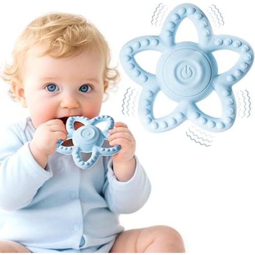 Vibrating Teether for Baby, Baby Teething Toy Travel Essential (Suitable for Airplanes/Cars), Sensory Chew Toys with Autism, Ideal Gift for 1-2 Year Old Boys/Girls (Blue)