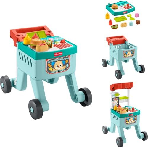 Fisher-Price Baby Learning Toy Laugh & Learn 4-in-1 Snack Cart Walker with 14 Pieces for Toddler Pretend Play Infants Ages 6+ Months