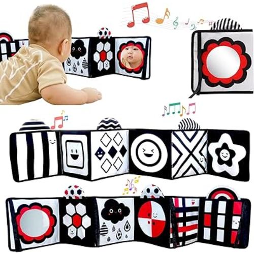 Black and White High Contrast Soft Book - Sensory Toys with Mirror for Newborn Development 0-12 Months, Essential for Tummy Time