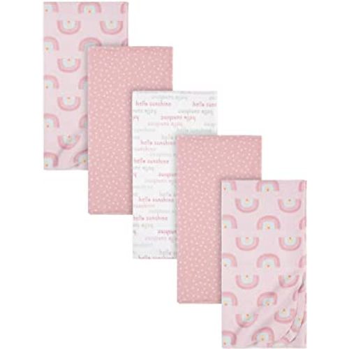 Gerber Girls Newborn Infant Baby Toddler Nursery 100% Cotton Flannel Receiving Swaddle Blanket, Rainbows Pink, Pack of 5