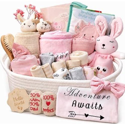 Ultimate Baby Girl Shower Gift Basket Set - Newborn Essentials, Large Pink Gift Basket With Rattle, Swaddle, Diaper Caddy Organizer