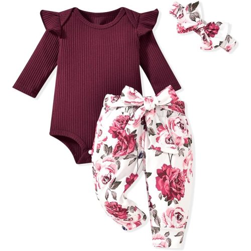 Aalizzwell Preemie Newborn Infant Baby Girls Clothes Ribbed Romper Bodysuit Pants Set Fall Winter Outfits