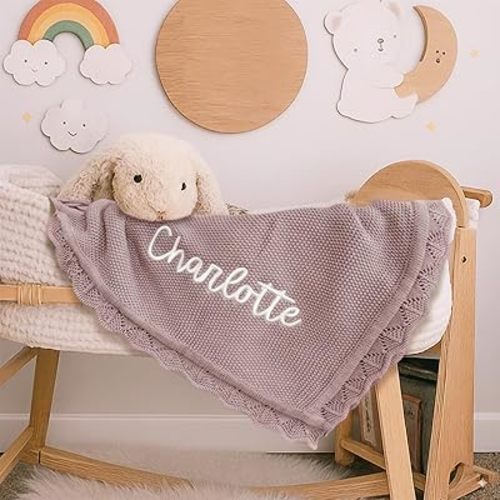 Personalized Embroidered Baby Blanket with Name,100% Pure Cotton Knit Nap Blanket,Custom 350GSM Blankets for Boy/Girl,Personalized Gifts for Newborn
