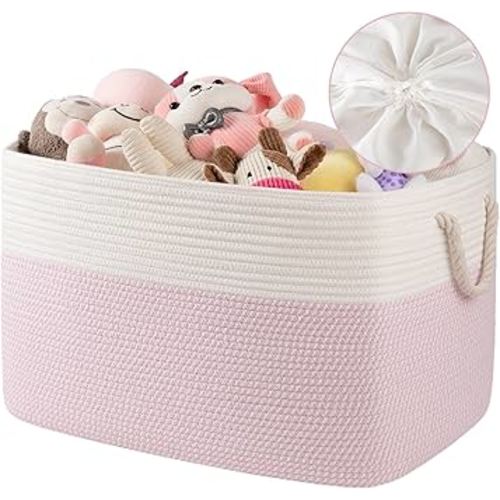 95L Extra Large Blanket Basket with Lid, 24" x 16.9" x 14.2" Woven Storage Basket for Living Room, Rectangle Nursery Blanket Storage for Toys, Towels, Dirty Clothes, Pink & White