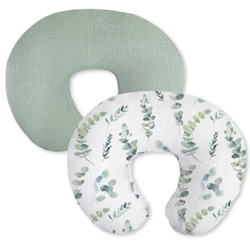 Little Grape Land Muslin Nursing Pillow Covers 2 Pack, 100% Cotton Removable Breastfeeding Pillow Covers, Feeding Pillow Slipcovers for Baby Boys & Girls, (Leaves & Green)